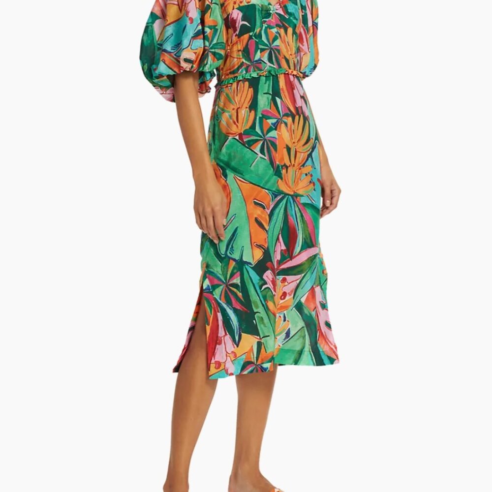FARM Rio Green Tropical Print Midi Dress with Orange & Pink Accents - Picture 7 of 13